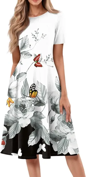 Women's Midi Dresses Summer Casual Loose Trendy Short Sleeve Crew Neck Floral Print Boho Dress 2025 Plus Size, S-3XL