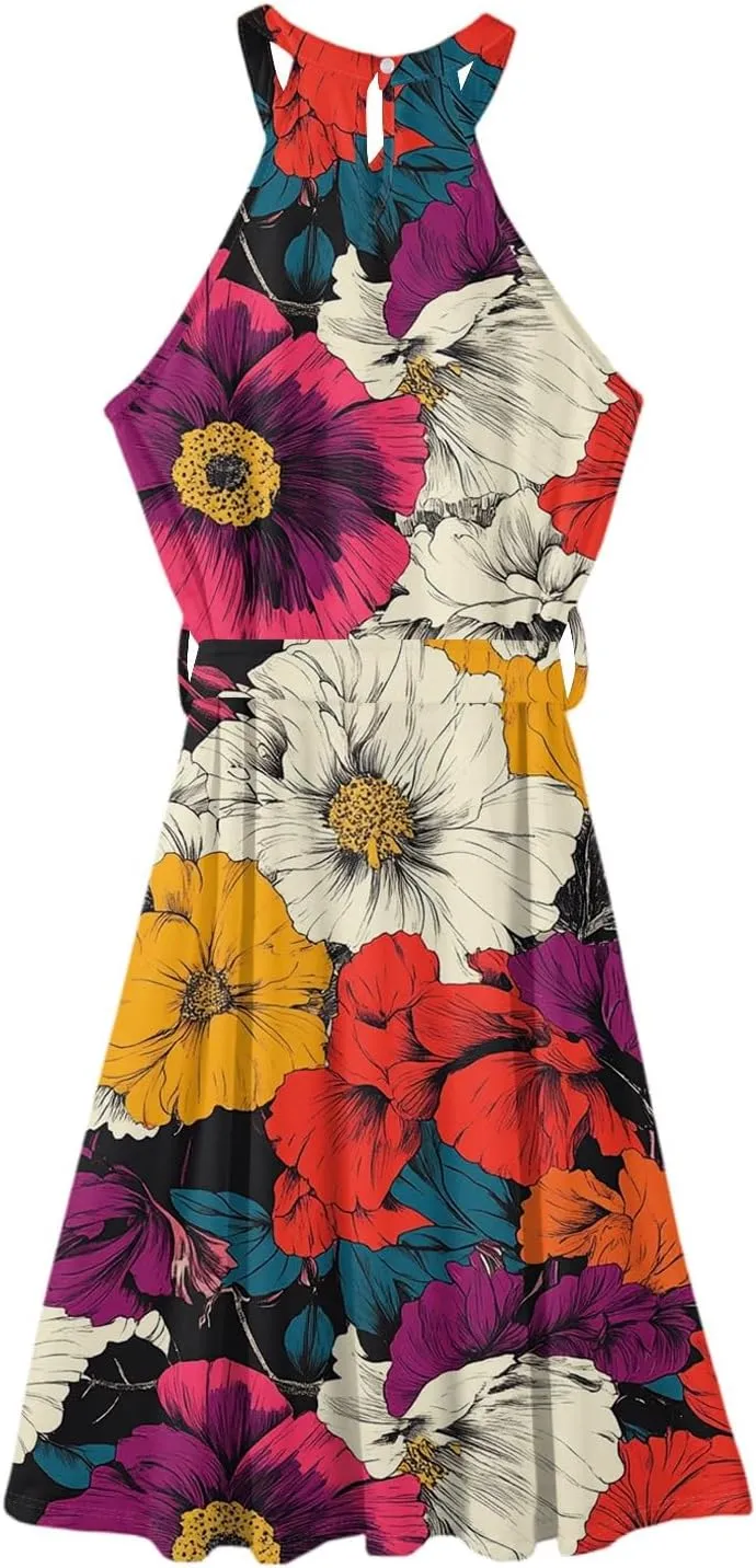 Womens Midi Halter Floral Dresses Casual Summer Flowy A Line Sundress Tie Empire Waist Sleeveless Frocks