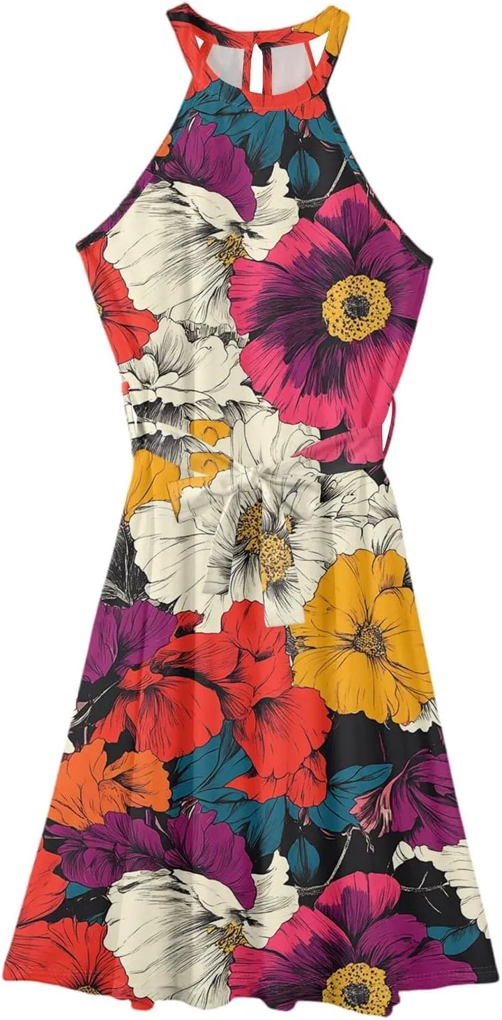 Womens Midi Halter Floral Dresses Casual Summer Flowy A Line Sundress Tie Empire Waist Sleeveless Frocks