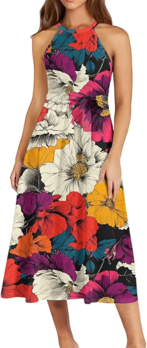 Womens Midi Halter Floral Dresses Casual Summer Flowy A Line Sundress Tie Empire Waist Sleeveless Frocks
