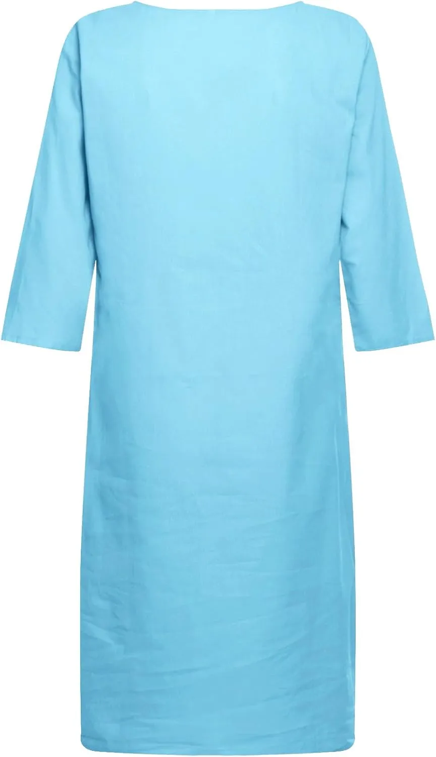 Women's Midi Shirt Dress Casual Cotton Linen Button Down Dresses Summer Half Sleeve V Neck Knee Length Clothes