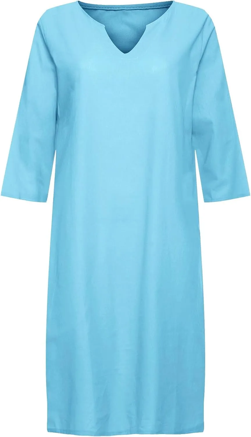 Women's Midi Shirt Dress Casual Cotton Linen Button Down Dresses Summer Half Sleeve V Neck Knee Length Clothes
