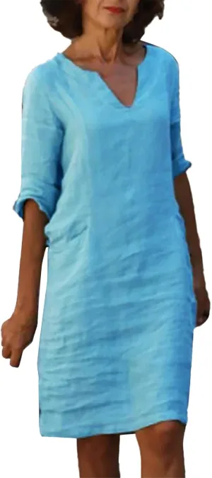 Women's Midi Shirt Dress Casual Cotton Linen Button Down Dresses Summer Half Sleeve V Neck Knee Length Clothes