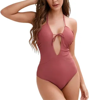 Womens One Piece Hollow Out Halter Ruched Swimsuits Backless Lace-up Bathing Suits Tummy Control V-Neck Beach Swimwear