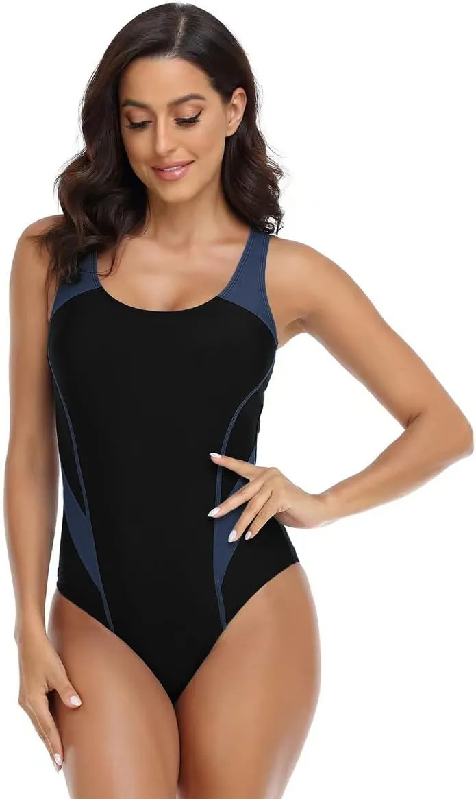Women's One Piece Racerback Athletic Swimsuits Backless Training Lap Bathing Suits Tummy Control Color Sports Swimwear