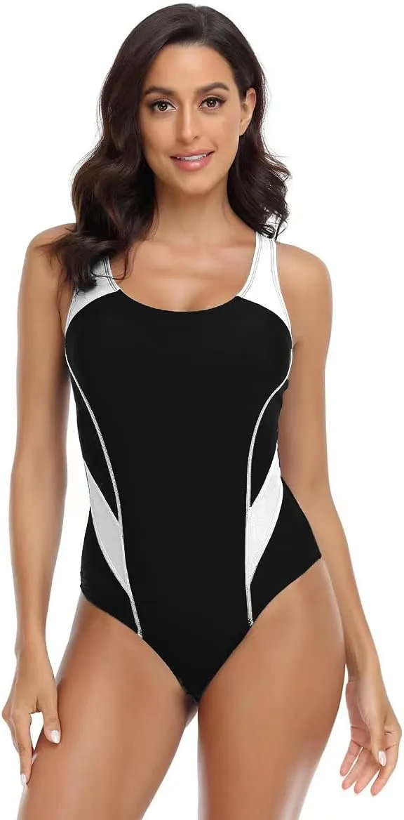 Women's One Piece Racerback Athletic Swimsuits Backless Training Lap Bathing Suits Tummy Control Color Sports Swimwear