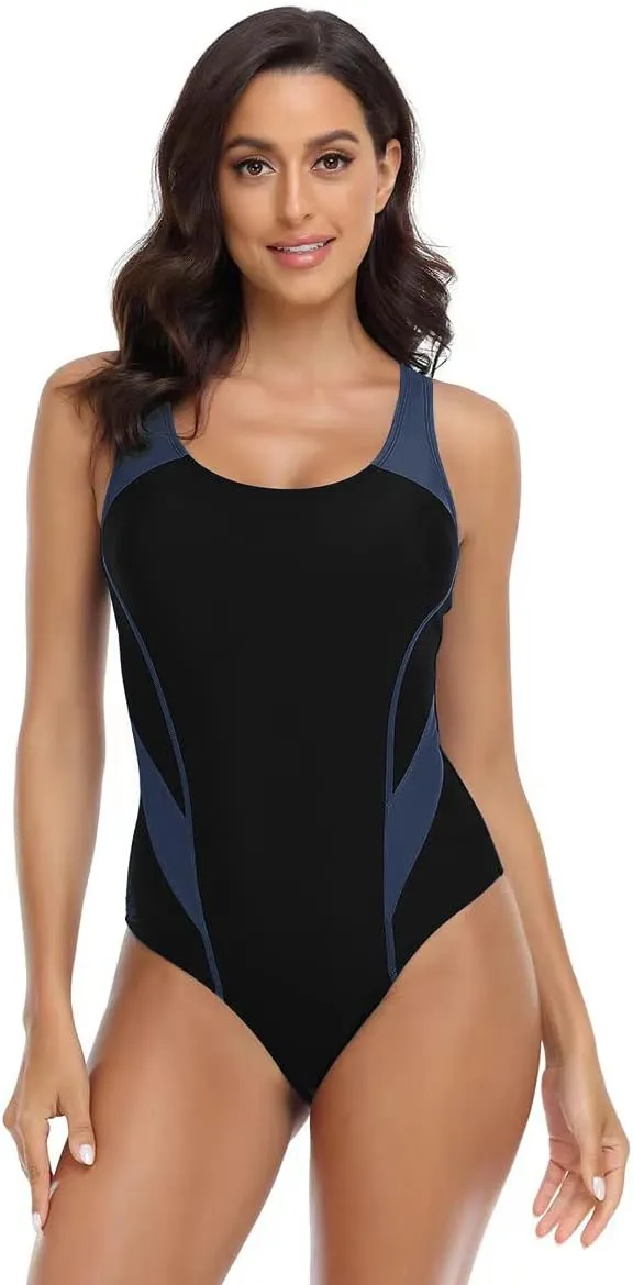 Women's One Piece Racerback Athletic Swimsuits Backless Training Lap Bathing Suits Tummy Control Color Sports Swimwear