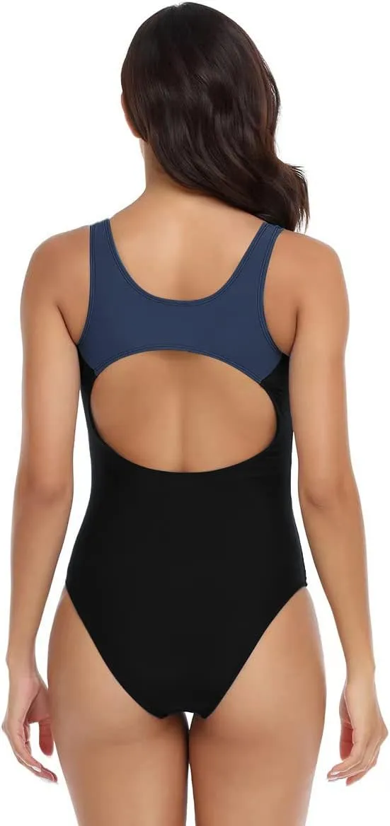 Women's One Piece Racerback Athletic Swimsuits Backless Training Lap Bathing Suits Tummy Control Color Sports Swimwear