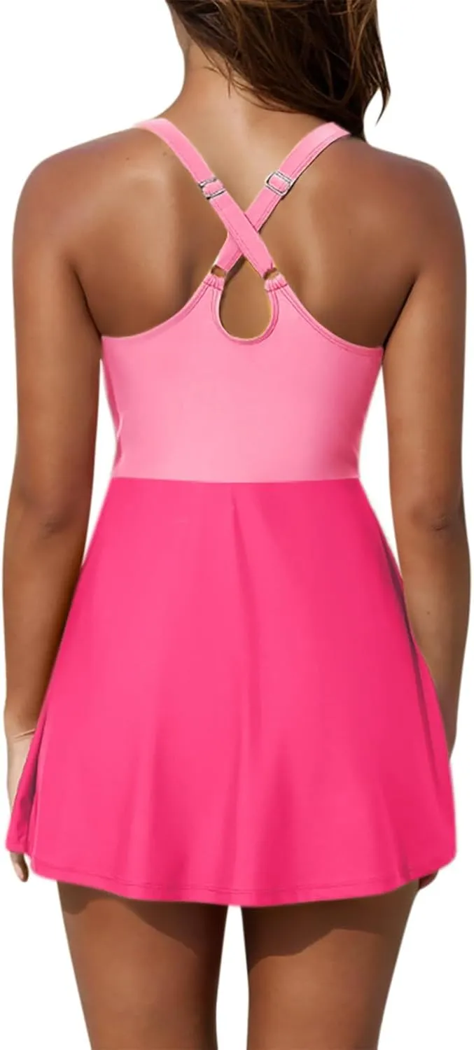 Womens One Piece Swimsuit Crewneck Cute Tummy Control Adjustable Straps Bathing Suits 2025 Casual Slimming Swim Dress