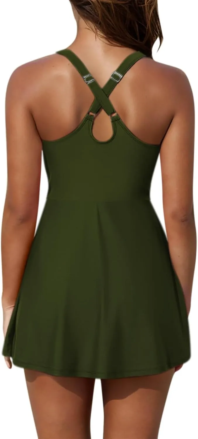 Womens One Piece Swimsuit Crewneck Cute Tummy Control Adjustable Straps Bathing Suits 2025 Casual Slimming Swim Dress