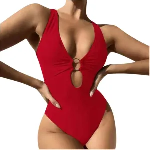 Womens One Piece Swimsuits Color Block Swimsuits Plunge Neck Cutout Criss Cross Bathing Suit Slimming Mesh Swimwear