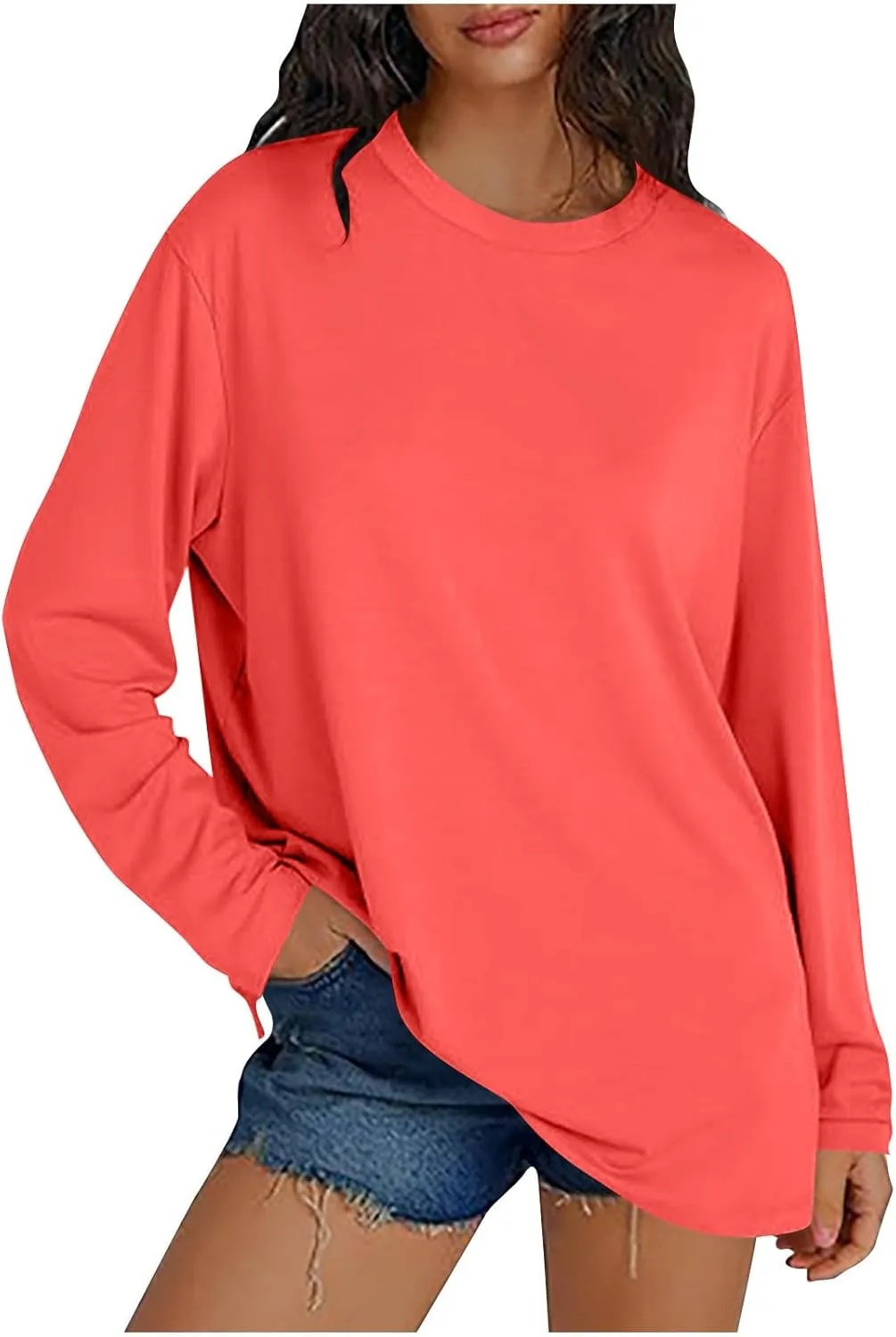 Womens Oversized Tops Long Sleeve Lightweight Shirts 2025 Spring Fashion Trendy Tops Crewneck Casual Solid Basic Tee