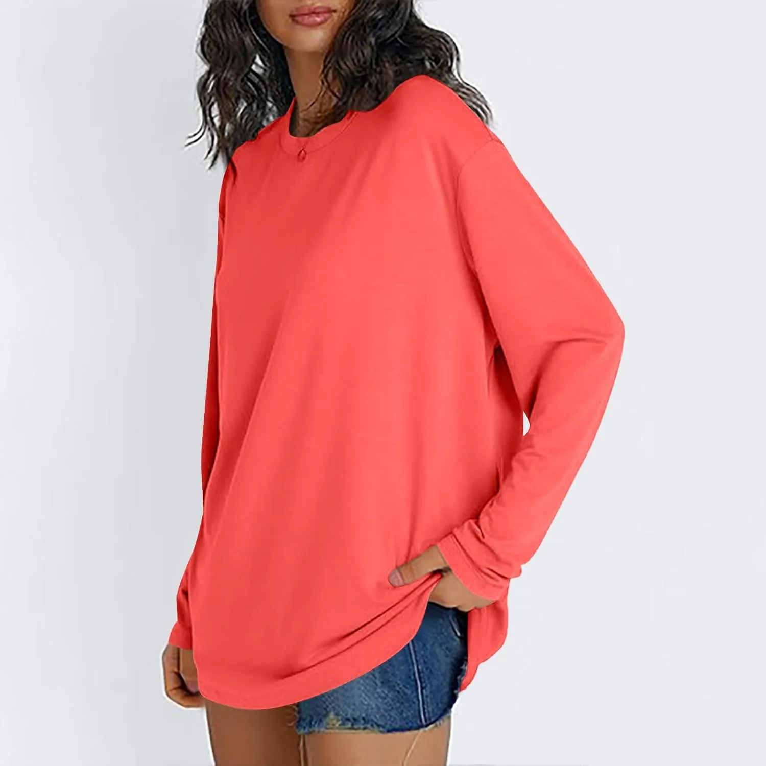 Womens Oversized Tops Long Sleeve Lightweight Shirts 2025 Spring Fashion Trendy Tops Crewneck Casual Solid Basic Tee