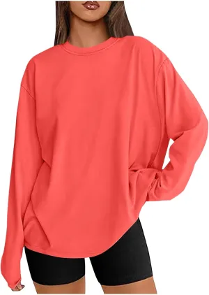 Womens Oversized Tops Long Sleeve Lightweight Shirts 2025 Spring Fashion Trendy Tops Crewneck Casual Solid Basic Tee