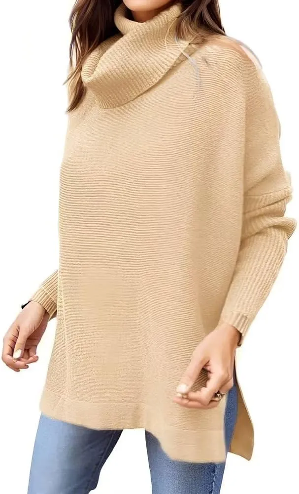 Womens Oversized Turtleneck Sweater Slit Hem Jumper Tops 2023 Fall Loose Long Batwing Chunky Knit Sweater Tops