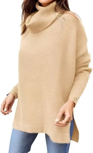 Womens Oversized Turtleneck Sweater Slit Hem Jumper Tops 2023 Fall Loose Long Batwing Chunky Knit Sweater Tops