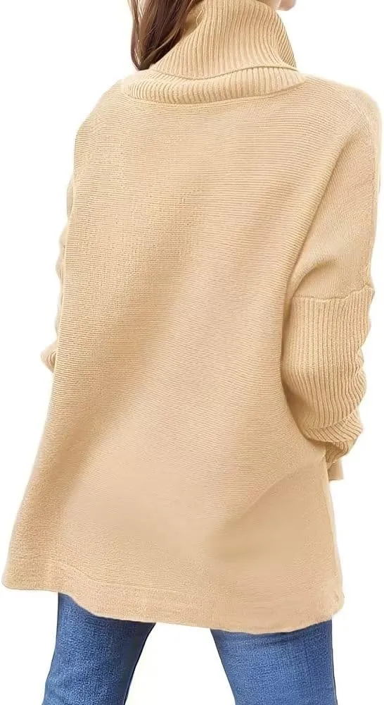 Womens Oversized Turtleneck Sweater Slit Hem Jumper Tops 2023 Fall Loose Long Batwing Chunky Knit Sweater Tops