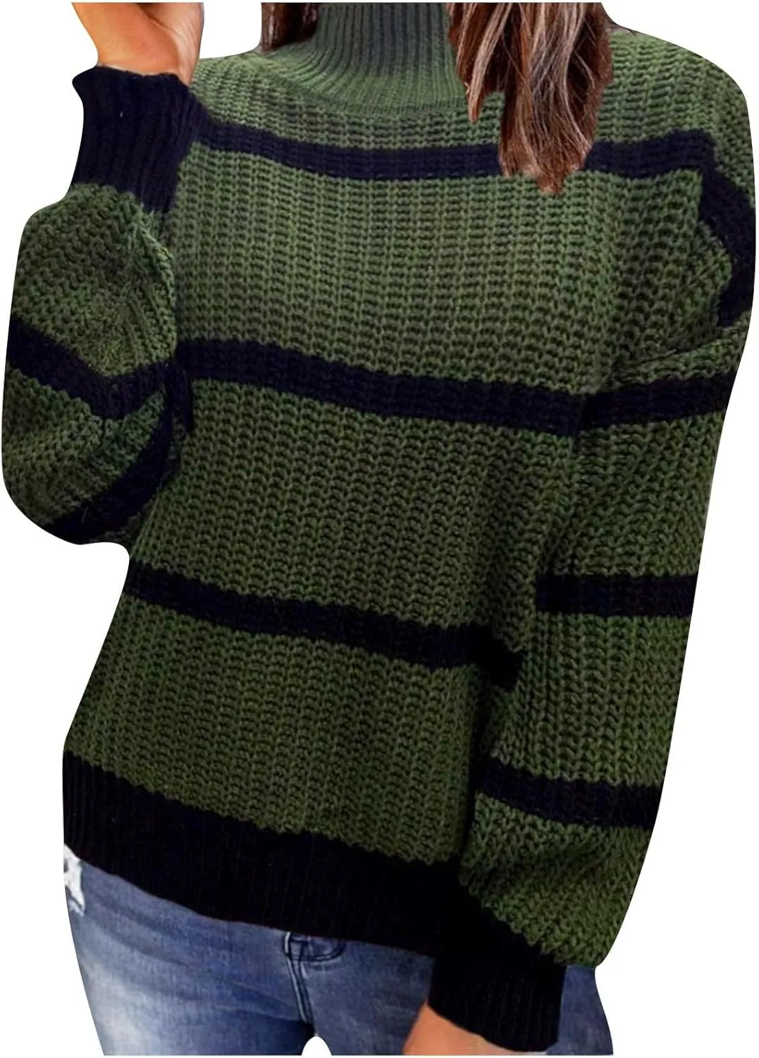 Womens Oversized Turtleneck Sweaters 2024 Fall Long Sleeve Tunic Sweater Color Block Cable Knit Pullover Jumpers Tops
