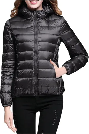 Women's Packable Down Jacket Lightweight Puffer Jacket Winter Warm Puffer Coat Slim Fit Hooded Jacket Duck Down Coat