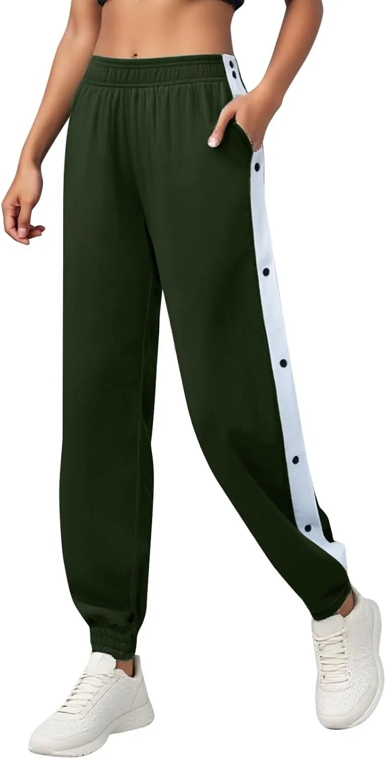 Women's Pants Side Split Snap Button Joggers Tear-Away Warm Up Sweatpants Elastic Cinch Bottom Active Workout Trousers