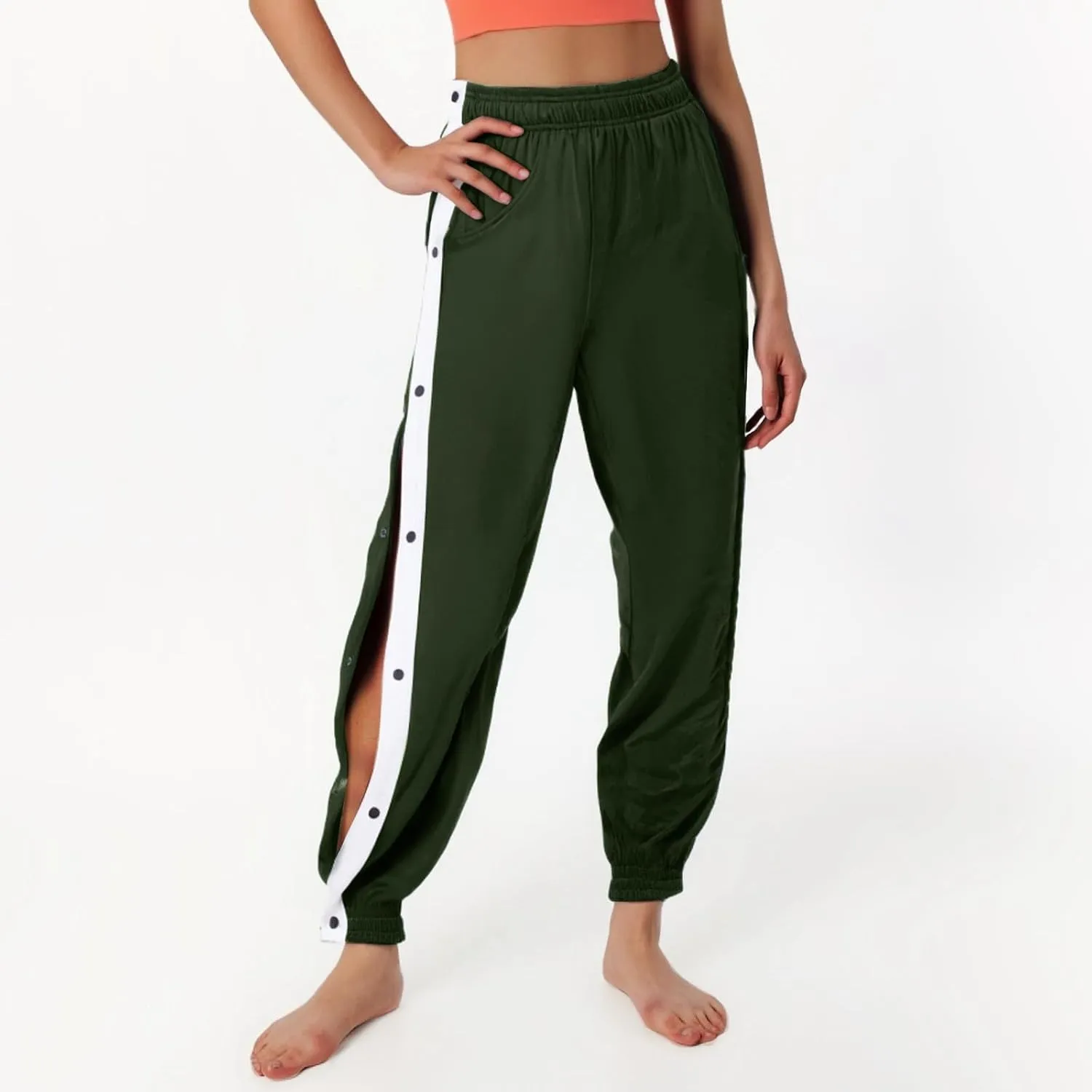 Women's Pants Side Split Snap Button Joggers Tear-Away Warm Up Sweatpants Elastic Cinch Bottom Active Workout Trousers