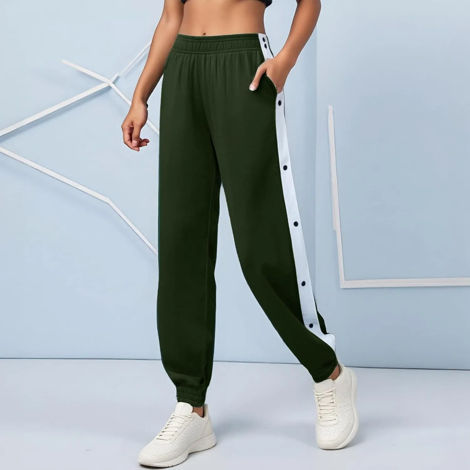 Women's Pants Side Split Snap Button Joggers Tear-Away Warm Up Sweatpants Elastic Cinch Bottom Active Workout Trousers