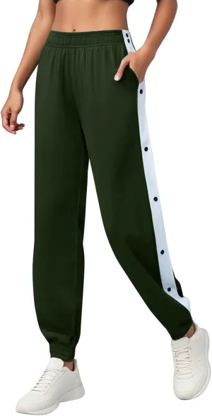 Women's Pants Side Split Snap Button Joggers Tear-Away Warm Up Sweatpants Elastic Cinch Bottom Active Workout Trousers