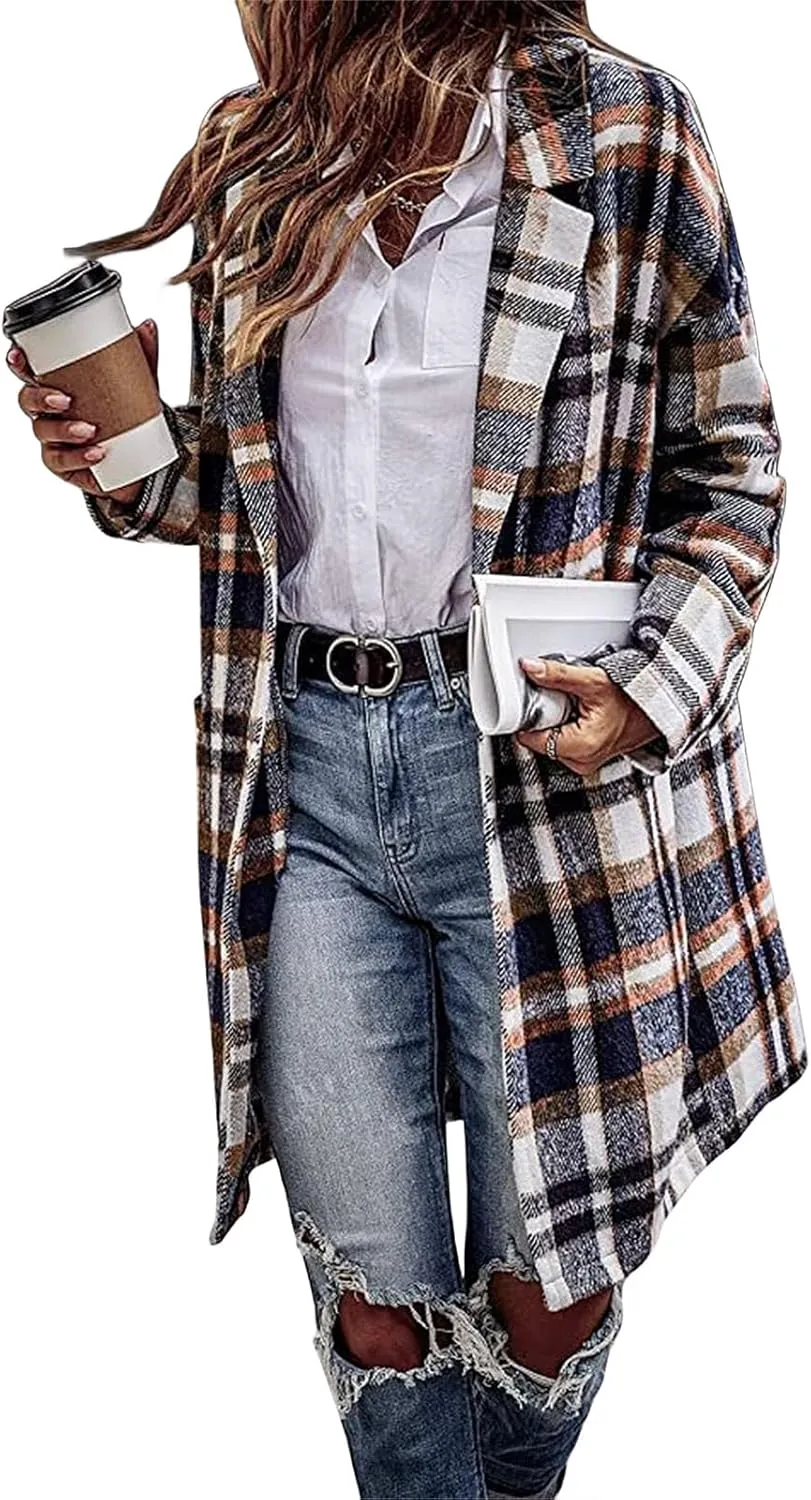 Women's Plaid Coat Lapel Long Sleeve Coat Button Down Wool Blend Tartan Trench Coat Casual Fashion Jacket with Pocket