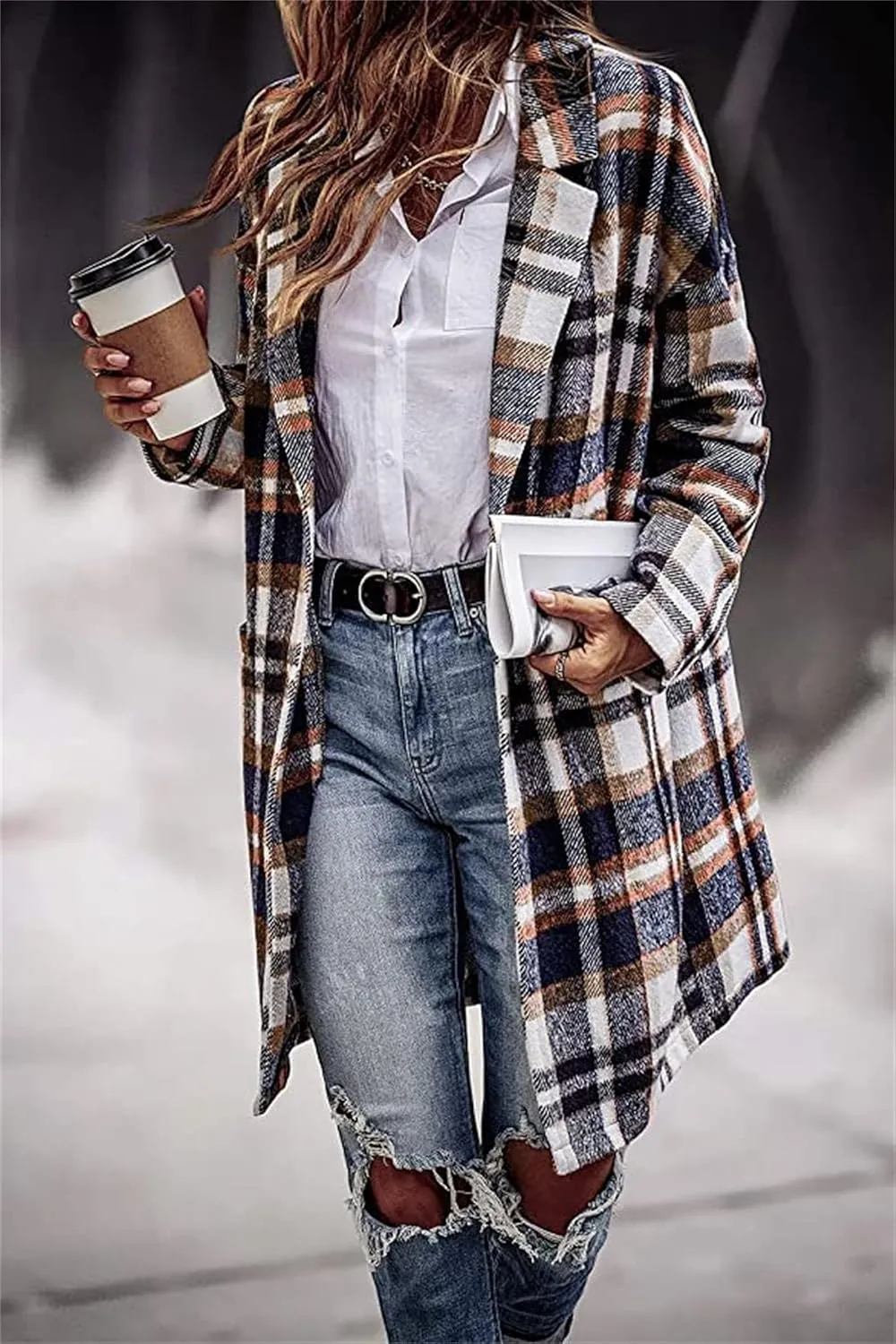 Women's Plaid Coat Lapel Long Sleeve Coat Button Down Wool Blend Tartan Trench Coat Casual Fashion Jacket with Pocket