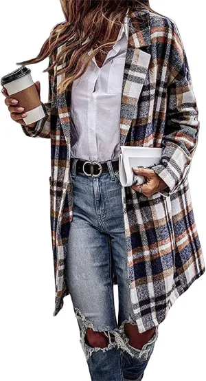 Women's Plaid Coat Lapel Long Sleeve Coat Button Down Wool Blend Tartan Trench Coat Casual Fashion Jacket with Pocket