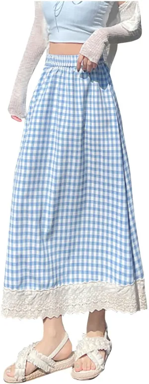 Women's Plaid Midi Skirt Summer Fashion Lace Trim Eyelet Patchwork Skirts Casual Loose Fit Tiered Layer A Line Skirt