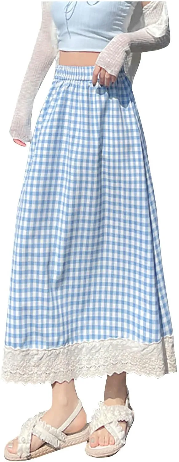 Women's Plaid Midi Skirt Summer Fashion Lace Trim Eyelet Patchwork Skirts Casual Loose Fit Tiered Layer A Line Skirt