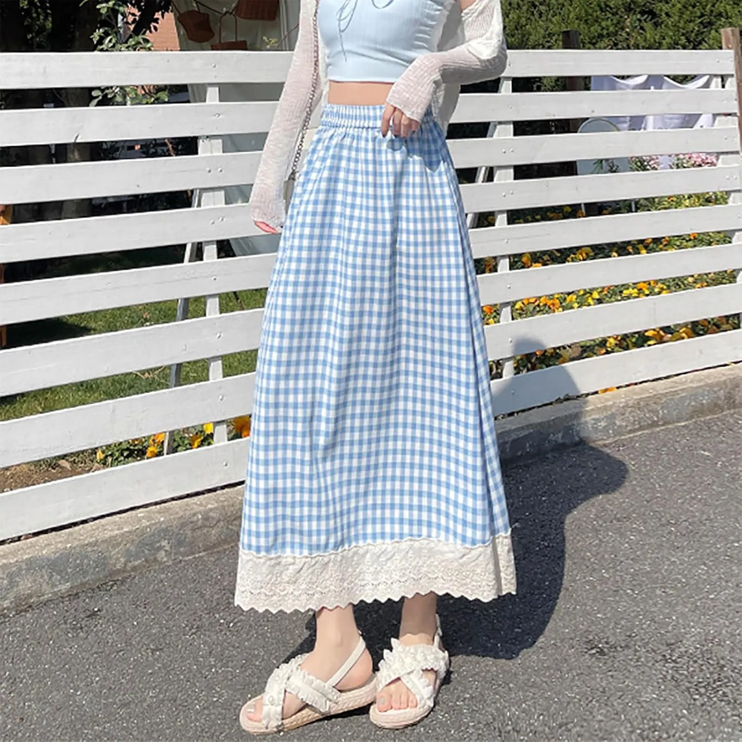 Women's Plaid Midi Skirt Summer Fashion Lace Trim Eyelet Patchwork Skirts Casual Loose Fit Tiered Layer A Line Skirt