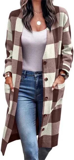 Women's Plaid Shacket Jacket Long Sleeve Flannel Long Shirt Coat Lapel Button Up Lounge Tartan Outerwear with Pockets