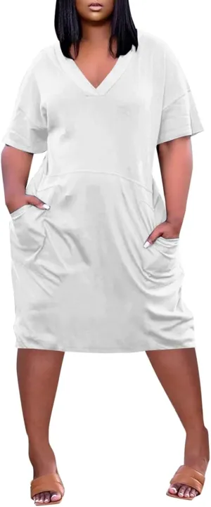 Women's Plus Size Dresses Short Sleeve V Neck Midi Beach Vacation Casual Dress with Pockets for Curvy Women