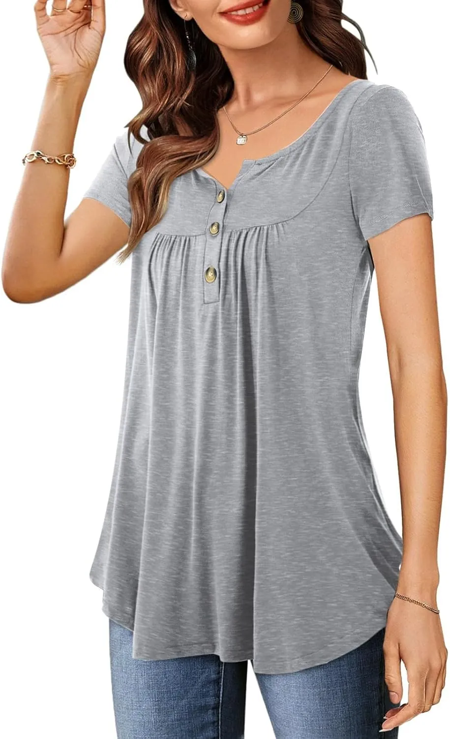 Womens Plus Size Tunic Tops Short Sleeve Casual Floral Henley Shirts