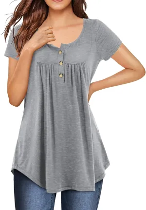 Womens Plus Size Tunic Tops Short Sleeve Casual Floral Henley Shirts