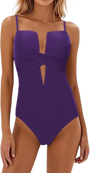 Women's Push Up Wrap Front Swimsuit One Piece Backless Tummy Control Bathing Suits Bandeau Support Beach Swimwear