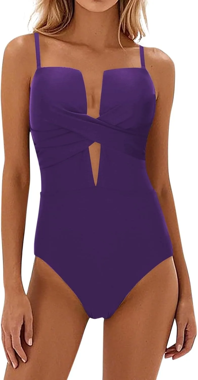 Women's Push Up Wrap Front Swimsuit One Piece Backless Tummy Control Bathing Suits Bandeau Support Beach Swimwear
