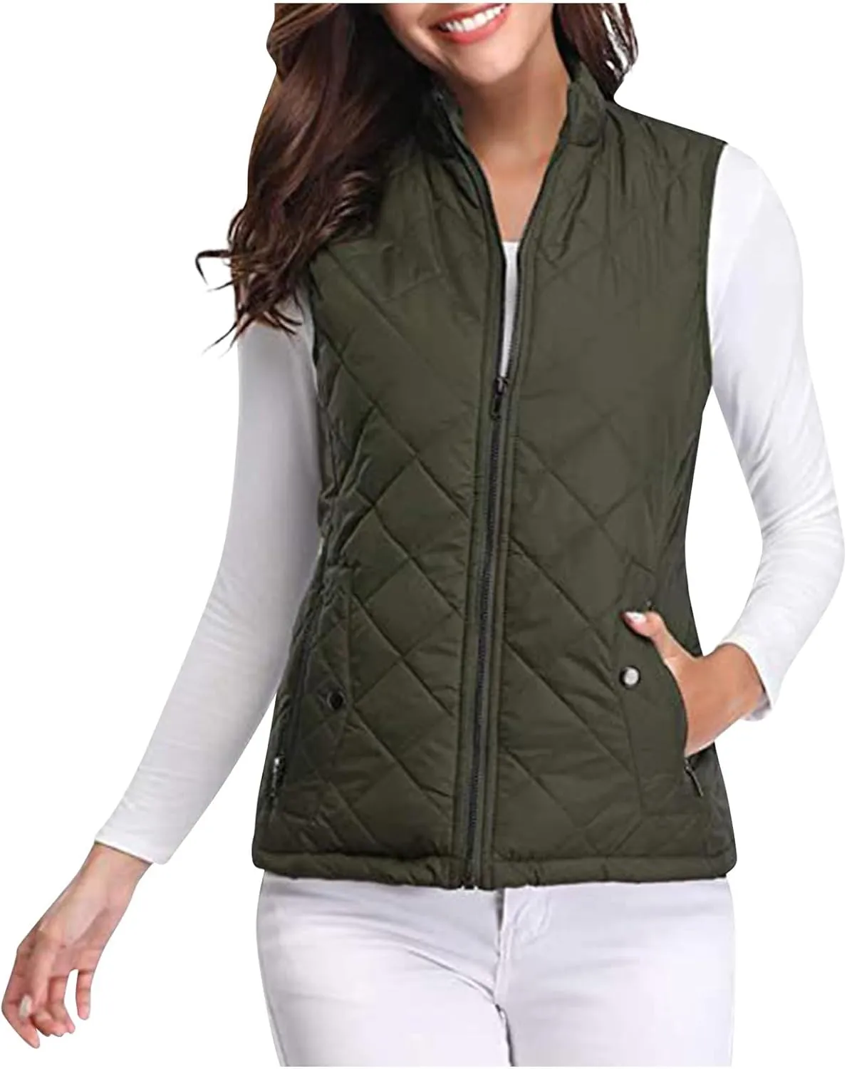 Women's Quilted Vest Stand Collar Lightweight Zip Padded Puffer Stand Collar Sleeveless Winter Warm Outerwear Jackets