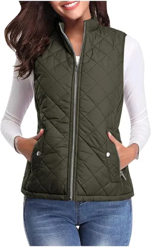 Women's Quilted Vest Stand Collar Lightweight Zip Padded Puffer Stand Collar Sleeveless Winter Warm Outerwear Jackets