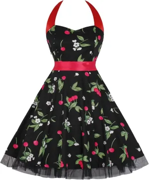 Women's Retro Floral Print Cocktail Dress Audrey Hepburn Style Homecoming Tea Party A-Line Swing Dress