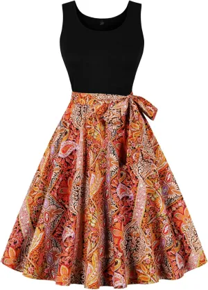 Women's Retro Sleeveless Crewneck Sundress Audrey Hepburn Style Cocktail Dress Patchwork Print A-Line Swing Dress