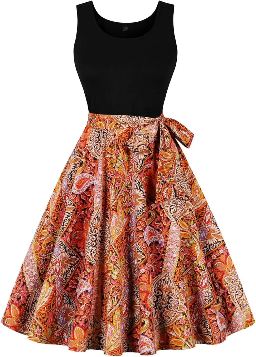 Women's Retro Sleeveless Crewneck Sundress Audrey Hepburn Style Cocktail Dress Patchwork Print A-Line Swing Dress