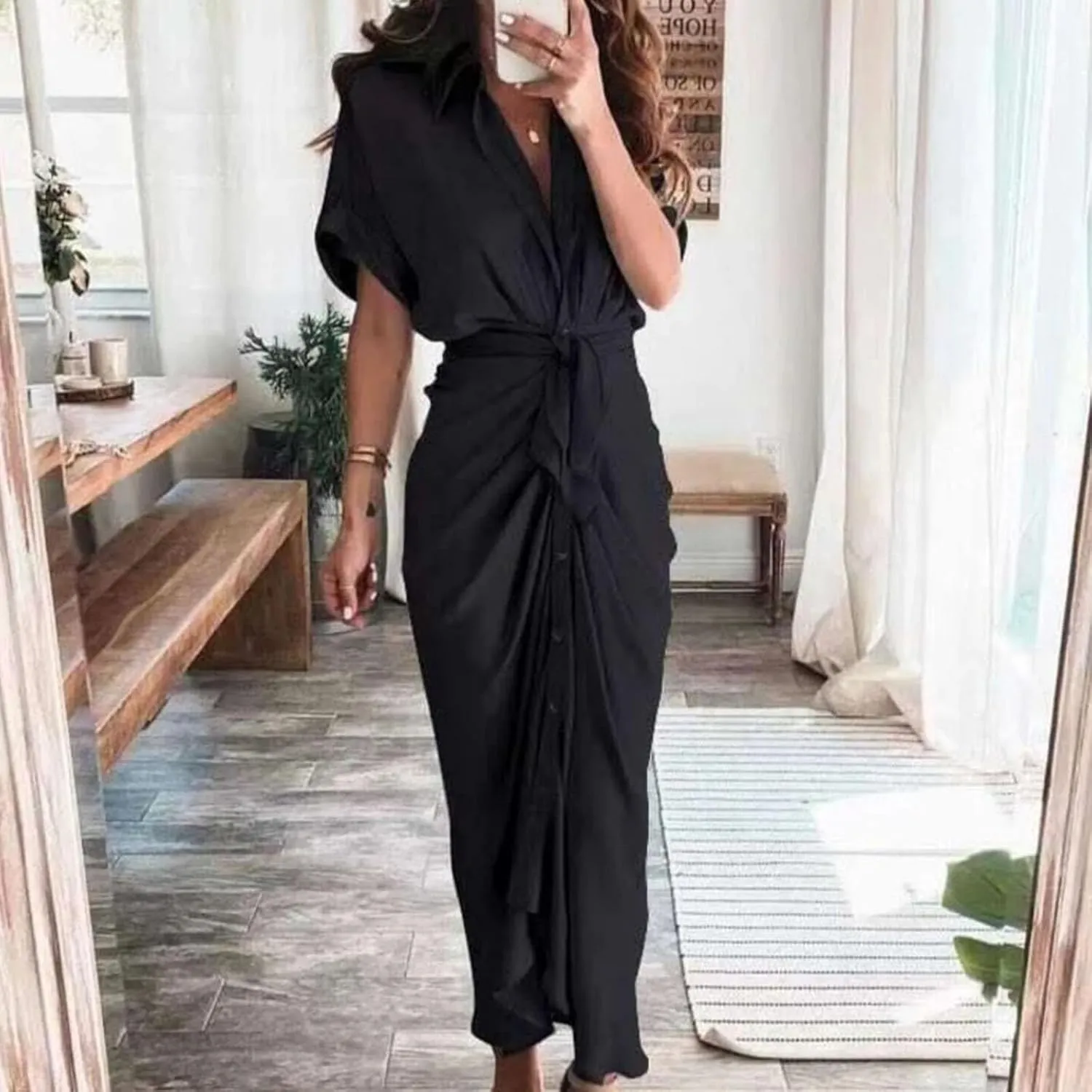 Womens Ruched Shirt Dresses Elegant Button Down Dress Summer Lapel V Neck Short Sleeve Maxi Dresses with Belt
