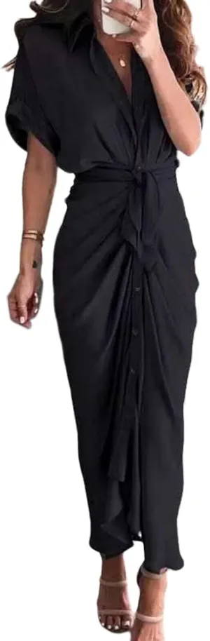 Womens Ruched Shirt Dresses Elegant Button Down Dress Summer Lapel V Neck Short Sleeve Maxi Dresses with Belt