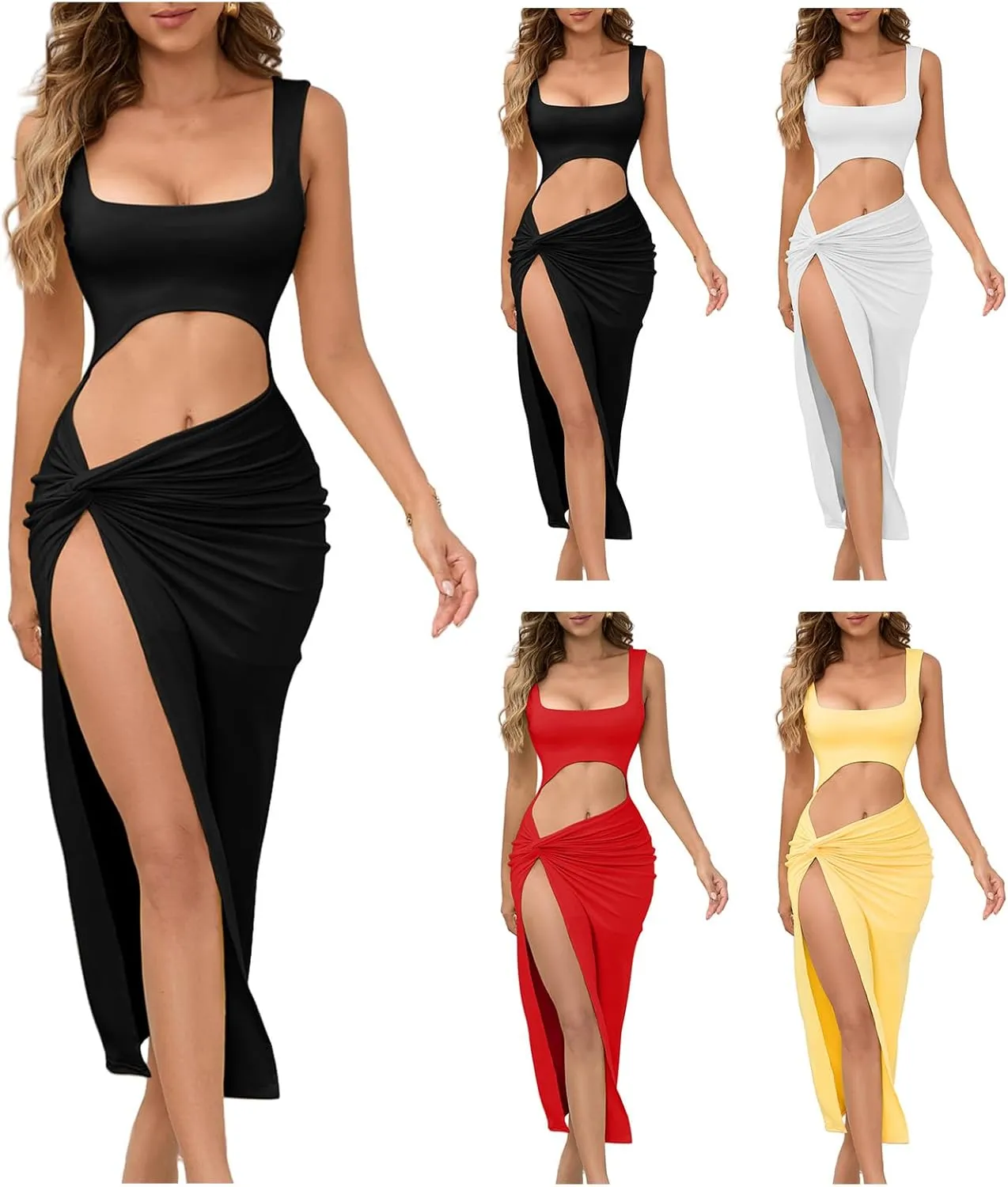 Women's Sexy Dress Sleeveless Cutout High Slit Hem Square Neck Maxi Long Dress Twist Front Party Dresses