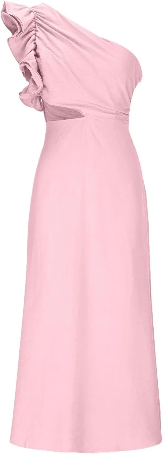 Women's Sexy Ruffle Sleeveless One Shoulder Bodycon Dresses Classy Pencil Curvy Party Evening Long Formal Dress Cocktail Gown