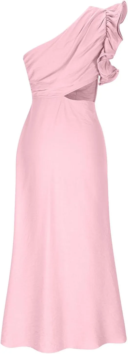 Women's Sexy Ruffle Sleeveless One Shoulder Bodycon Dresses Classy Pencil Curvy Party Evening Long Formal Dress Cocktail Gown