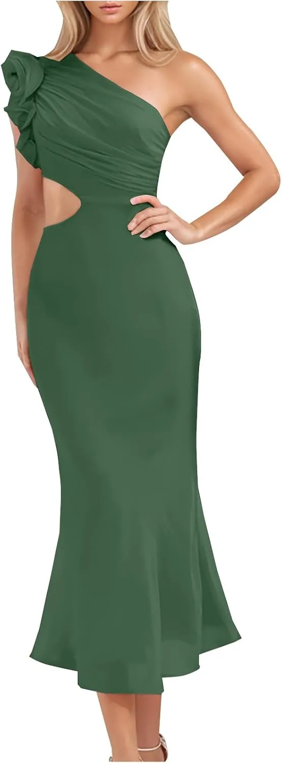 Women's Sexy Ruffle Sleeveless One Shoulder Bodycon Dresses Classy Pencil Curvy Party Evening Long Formal Dress Cocktail Gown